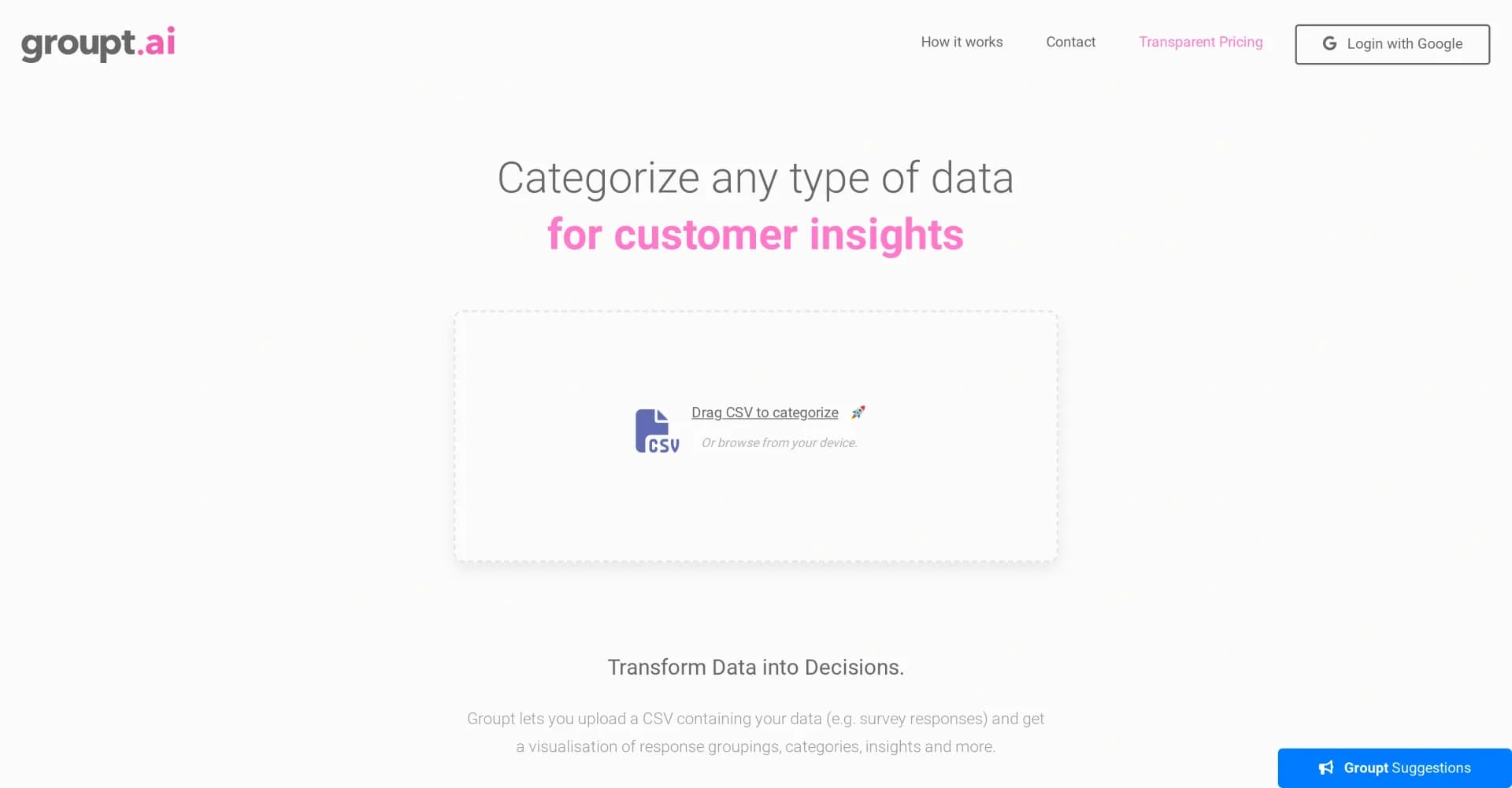 Groupt homepage screenshot — Simplifying data categorization for clear insights.