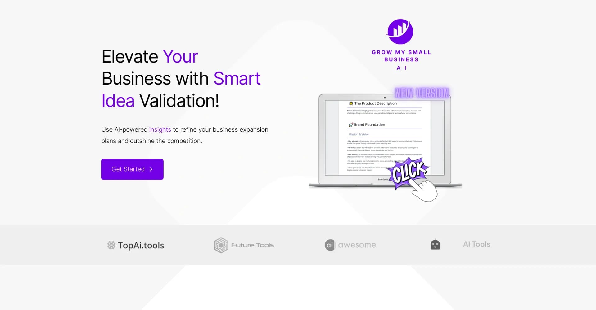 Grow My Small Business AI homepage screenshot — AI-powered insights for smart business expansion