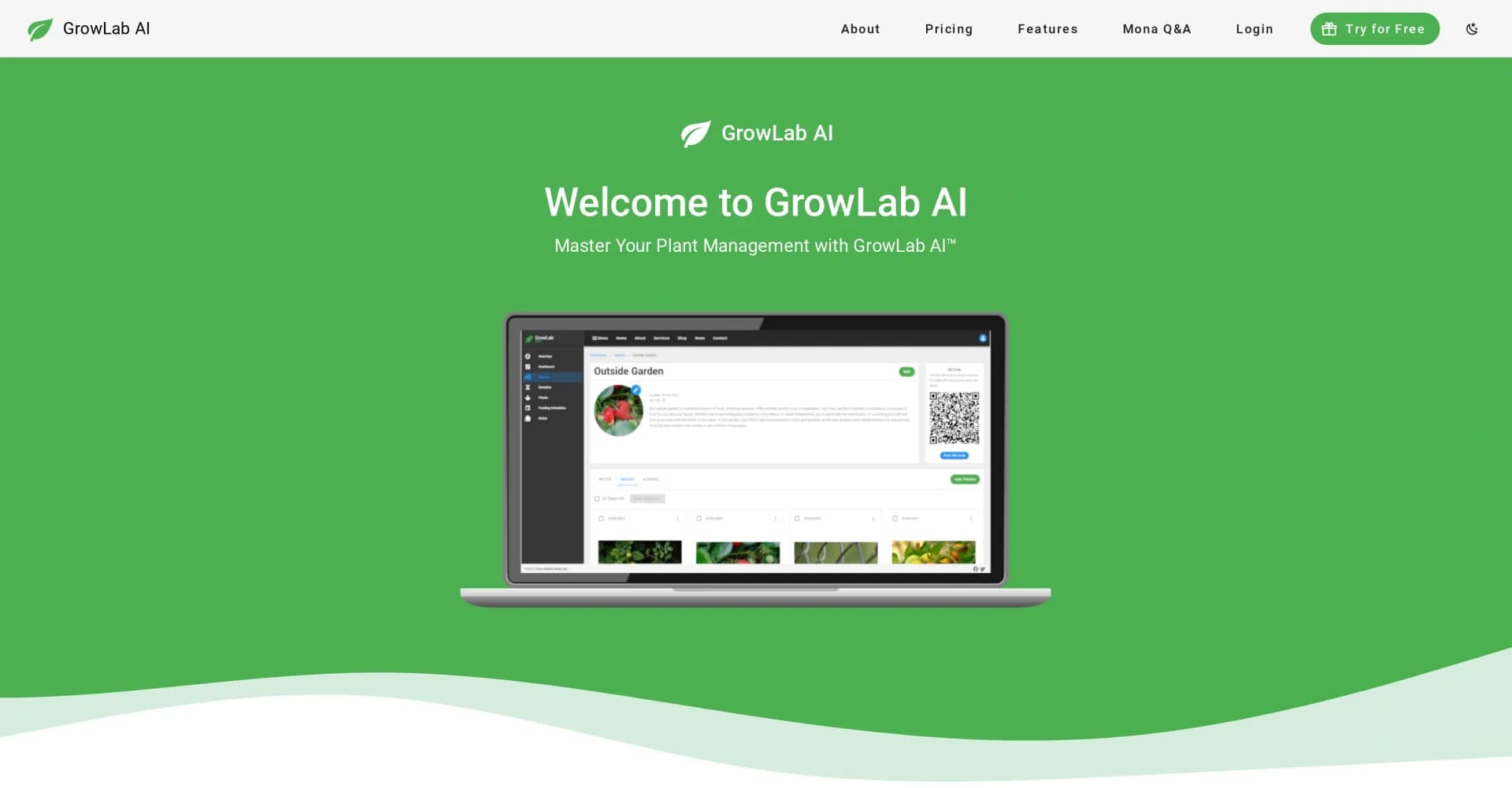 GrowLab AI homepage screenshot — Revolutionize plant management with AI-powered insights.