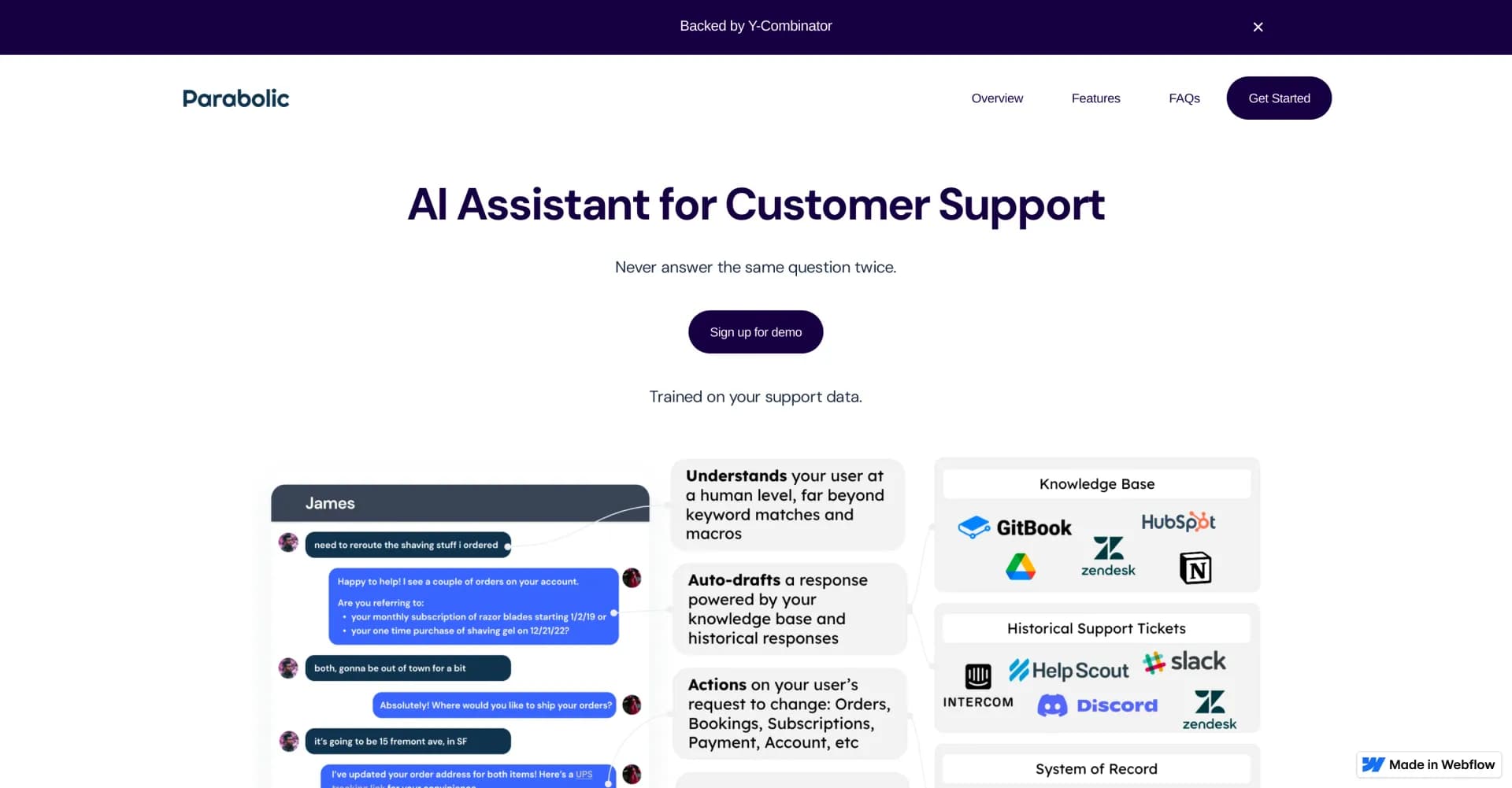 Growparabolic homepage screenshot — AI Support Agent to accelerate ticket resolution
