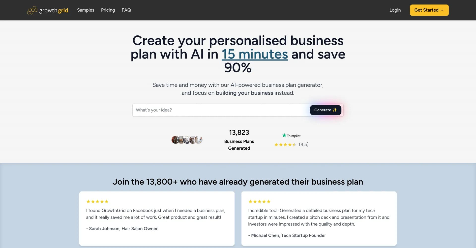 GrowthGrid homepage screenshot — Create winning business plans effortlessly with AI