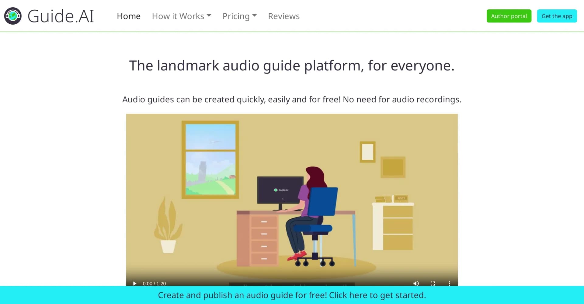 Guide AI homepage screenshot — Create and sell audio guides effortlessly.
