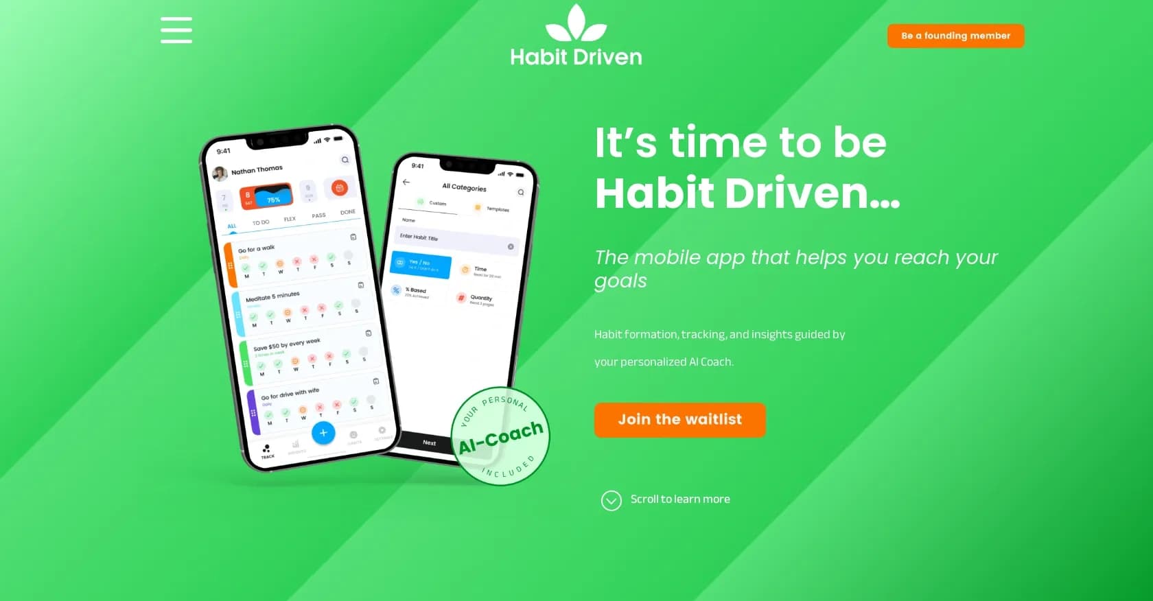 Habit Driven homepage screenshot — AI-guided habit formation to reach your goals.