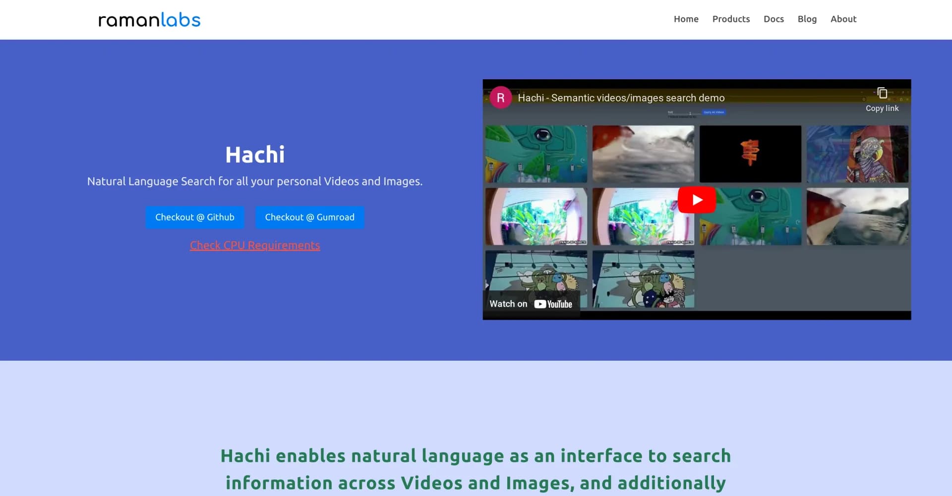 Hachi homepage screenshot — Natural language search for personal videos and images.
