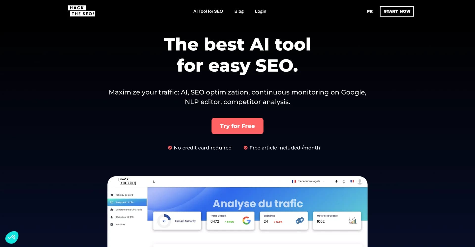 Hack the SEO homepage screenshot — AI-powered SEO for instant online visibility boost