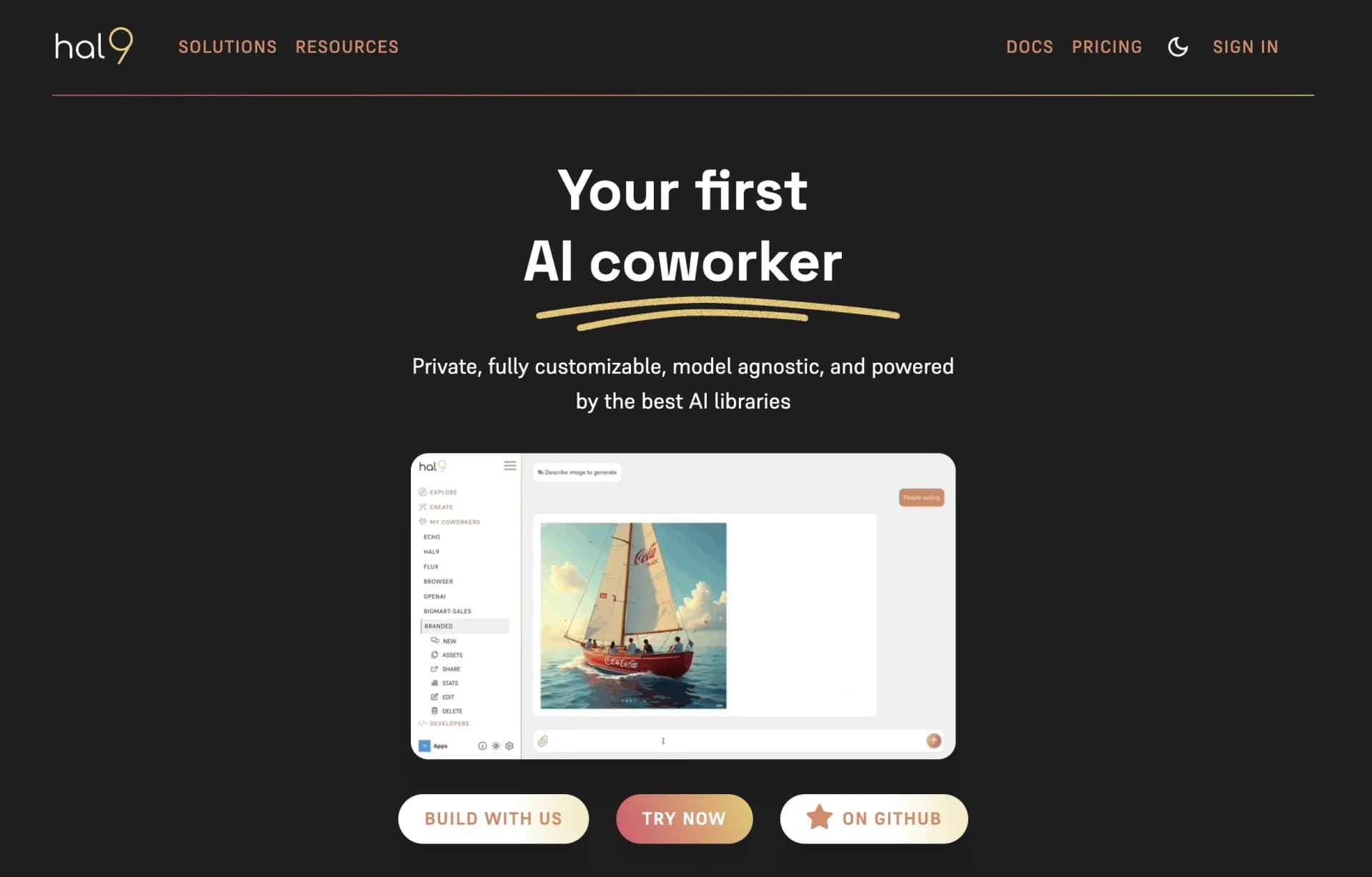 Hal9v0.9.5 homepage screenshot — Chatbots that are private, fully customizable, and model agn