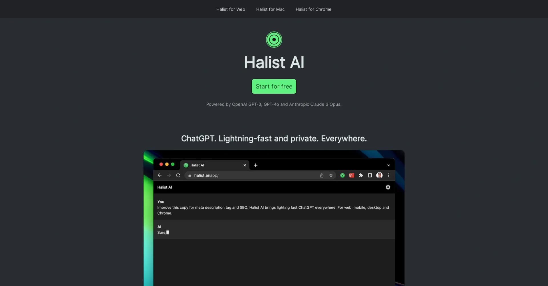 Halist Browser AI homepage screenshot — Fast, private ChatGPT everywhere.