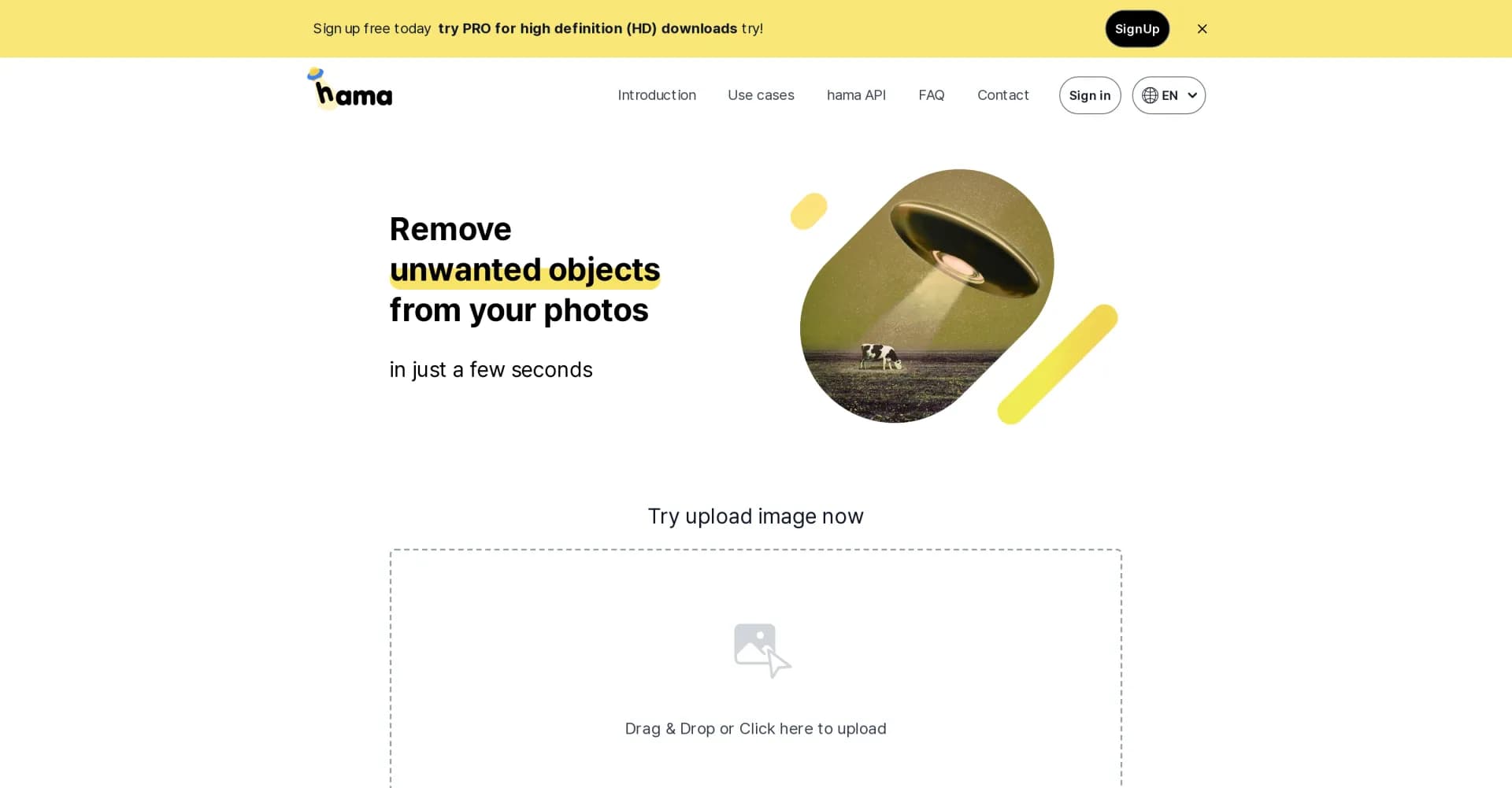 HAMA AI Object Remover, Image Eraser homepage screenshot — Erase unwanted elements from photos in seconds.