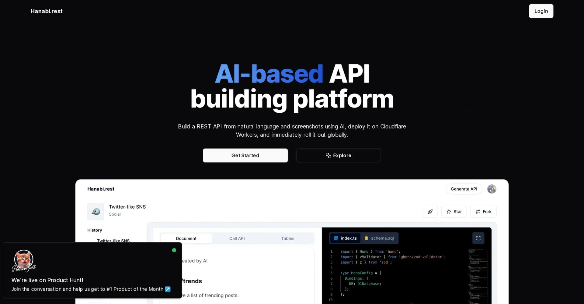 Hanabi.rest homepage screenshot — Build AI-powered REST APIs from natural language.