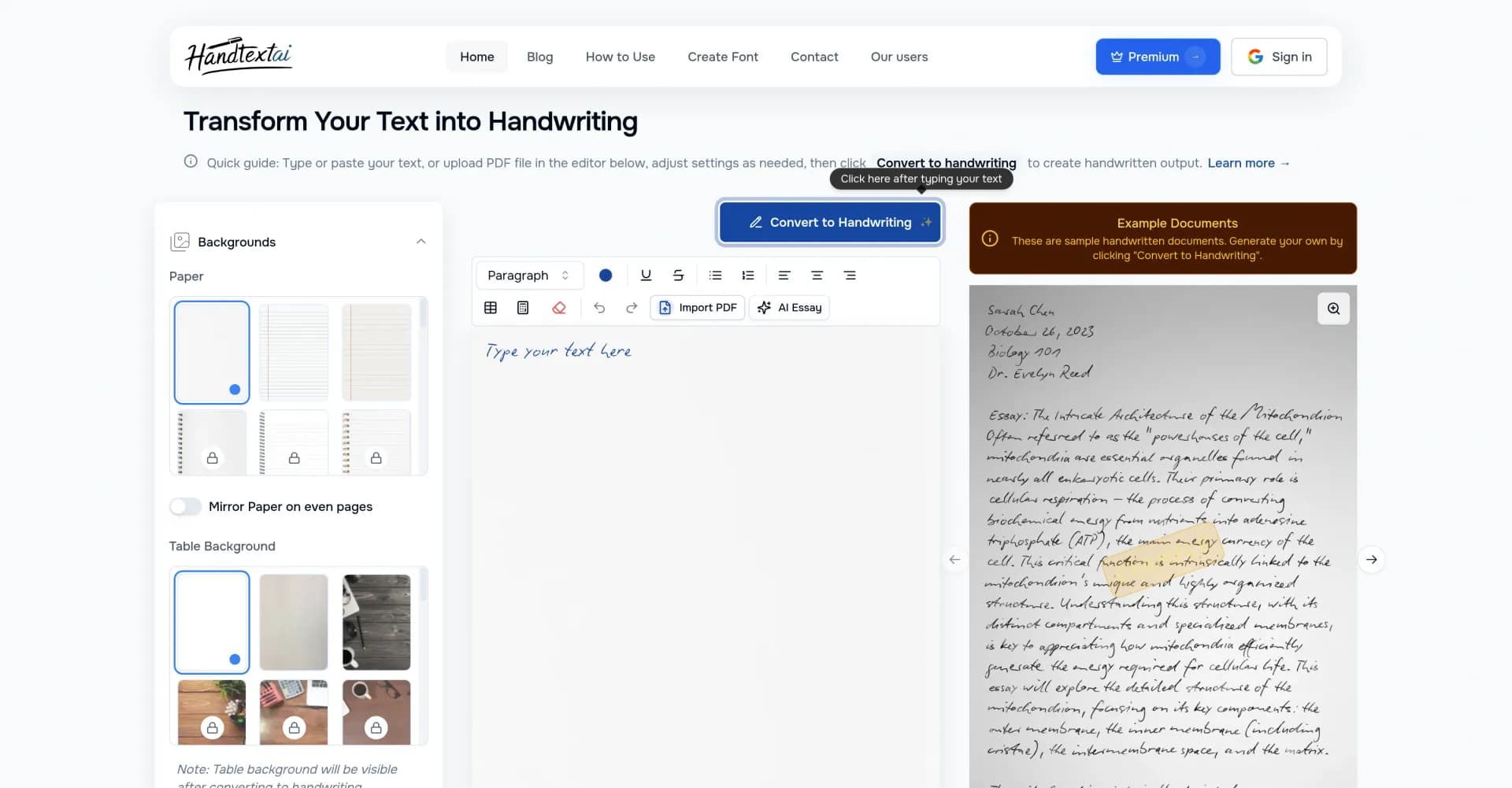 HandtextAI homepage screenshot — Transform text into authentic handwritten notes.