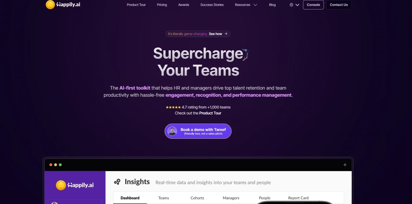 Happily.ai homepage screenshot — Supercharge teams with AI-driven engagement and performance.