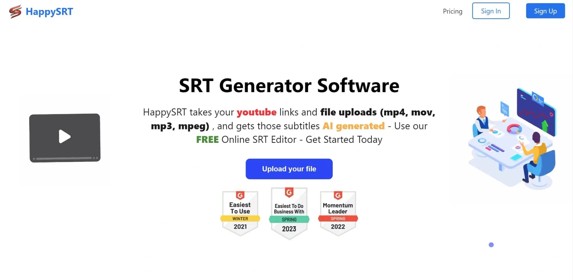 HappySRT homepage screenshot — Generate Subtitles via Upload/Paste YT Link