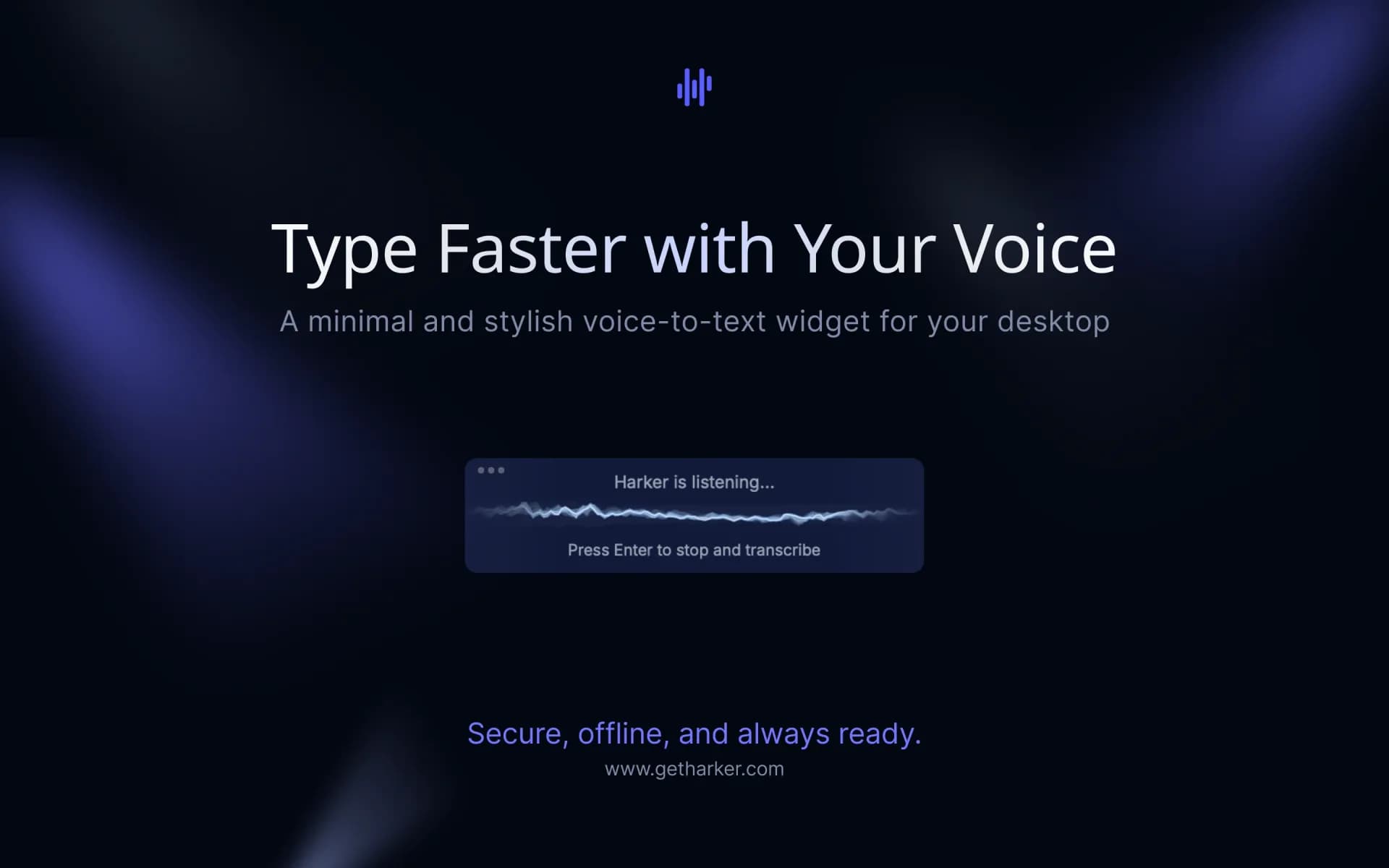 Harker homepage screenshot — Type faster with your voice