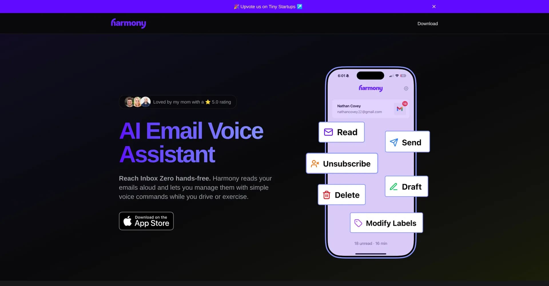 Harmony AI Email Voice Assistant homepage screenshot — Reach Inbox Zero hands-free with voice-controlled email.