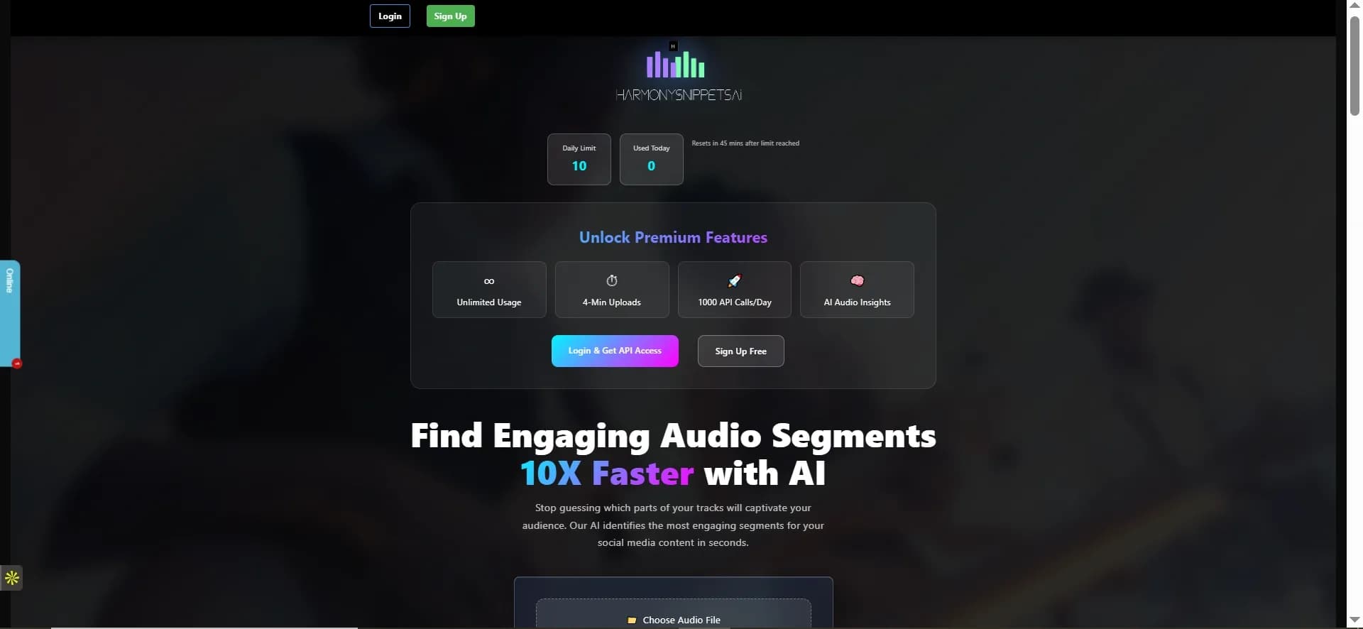 HarmonySnippetsAI homepage screenshot — AI finds engaging song segments for social media promotion