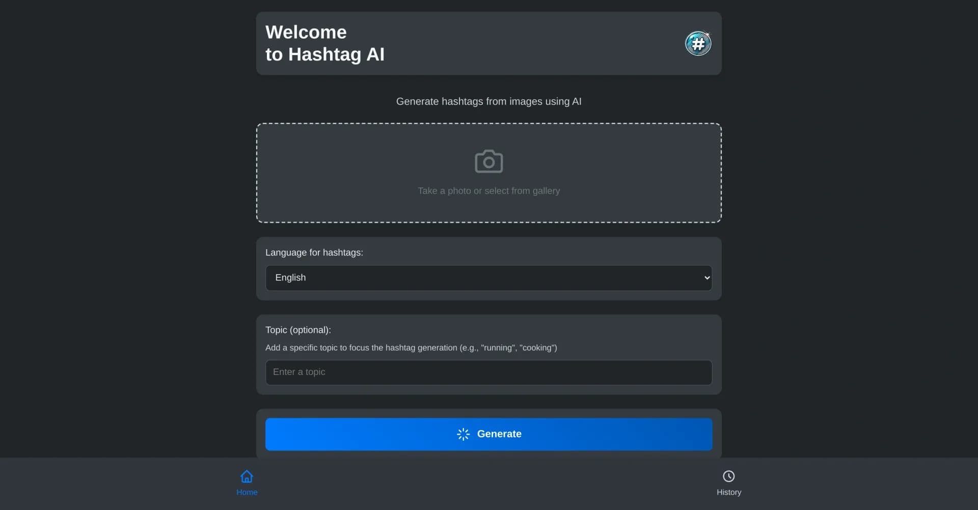 Hashtag AI homepage screenshot — AI-powered hashtag generator for images.