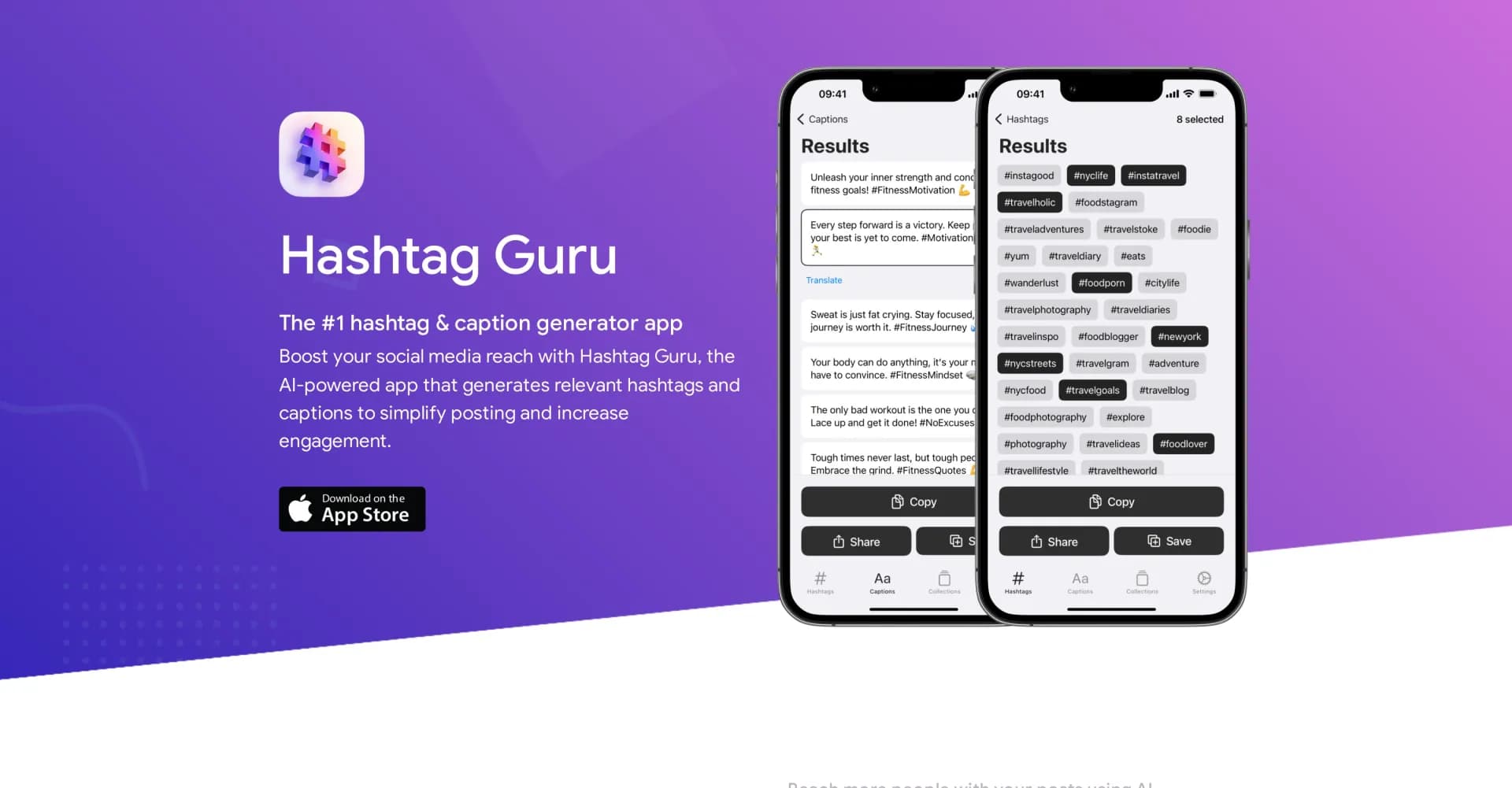 Hashtag Guru homepage screenshot — AI-powered hashtag generator for social media success