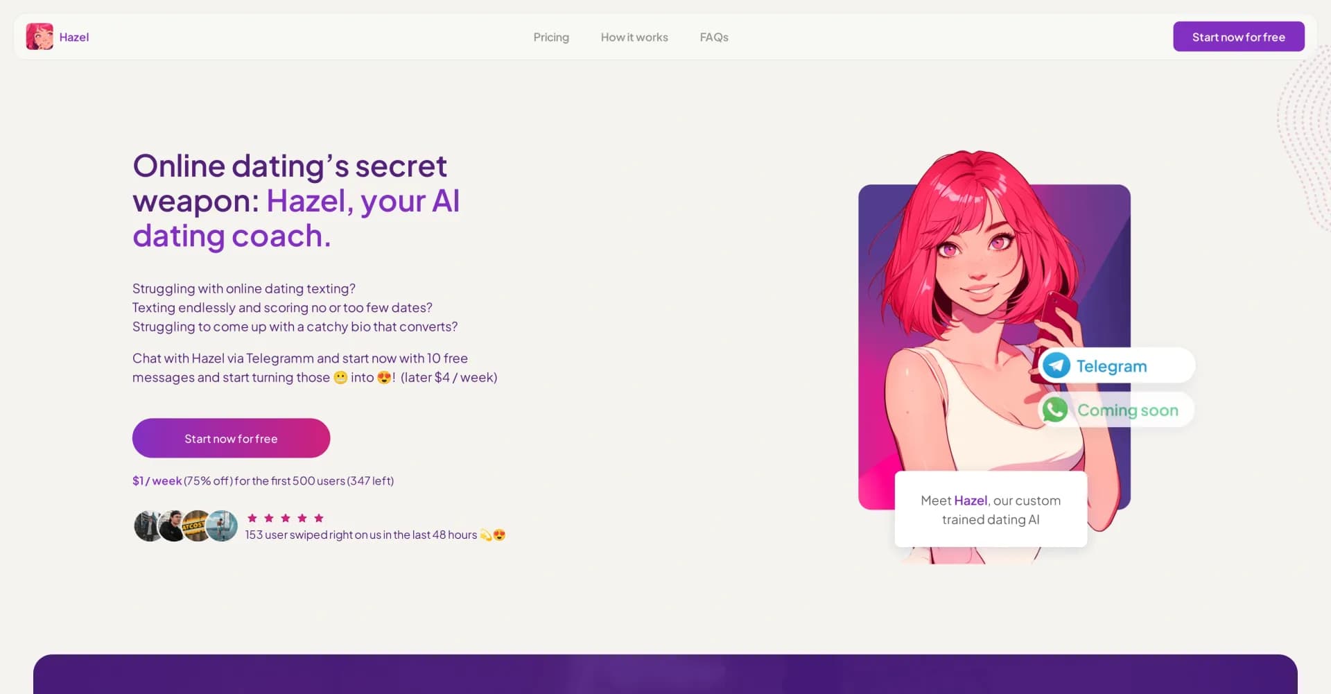 Hazel AI homepage screenshot — Your AI wingwoman for online dating success