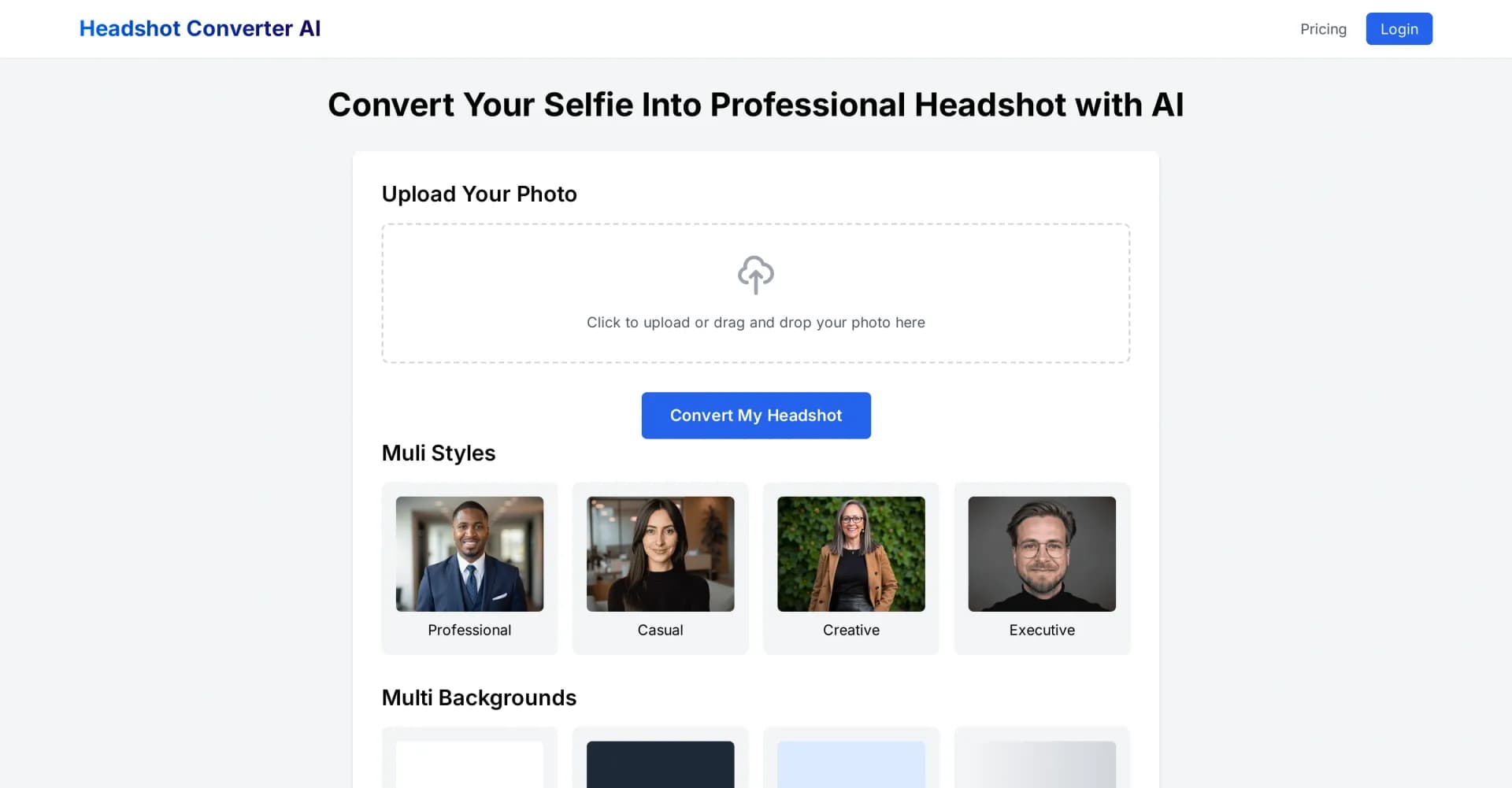 Headshot Converter AI homepage screenshot — Turn selfies into professional headshots with AI