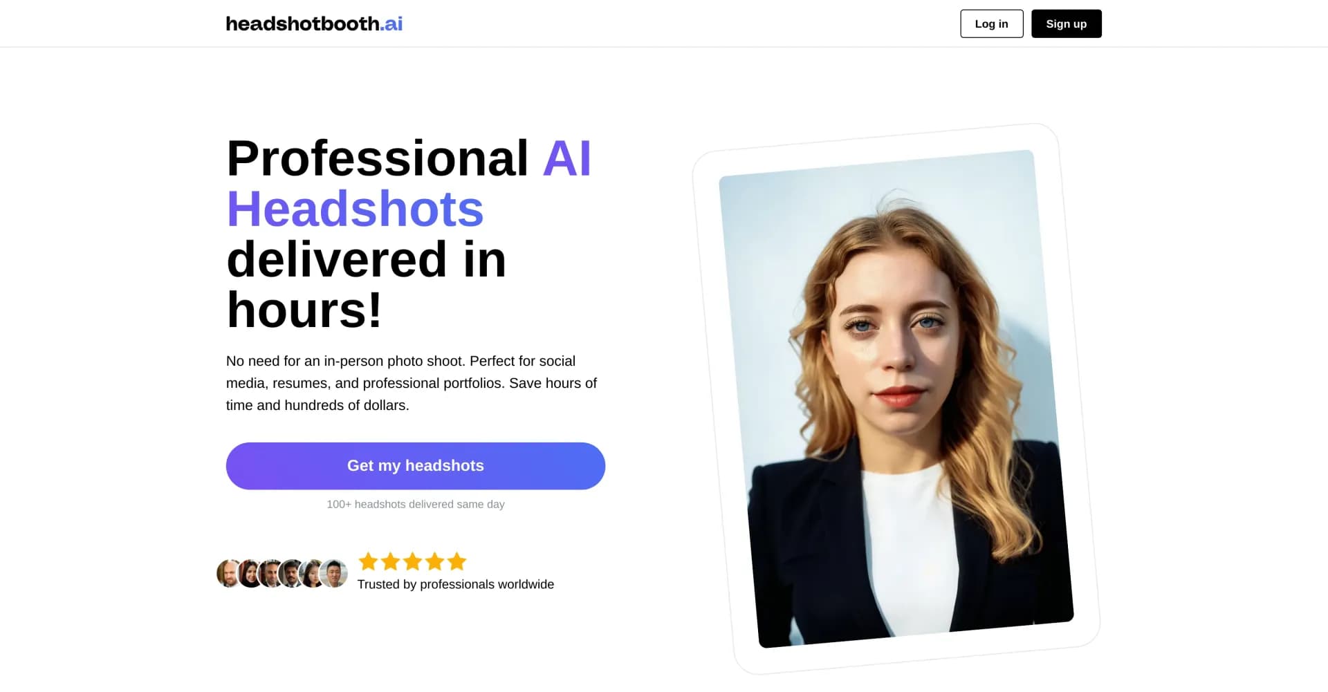 HeadshotBooth.ai homepage screenshot — Transform selfies into pro headshots instantly.