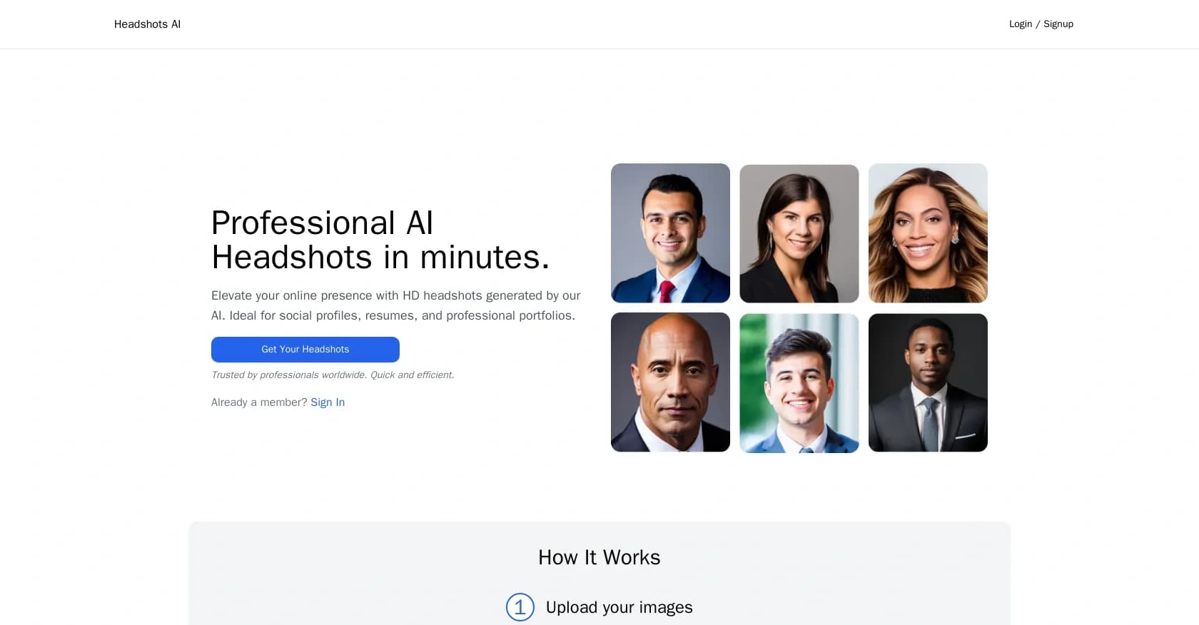HeadshotsAI homepage screenshot — Generate professional AI headshots in minutes.