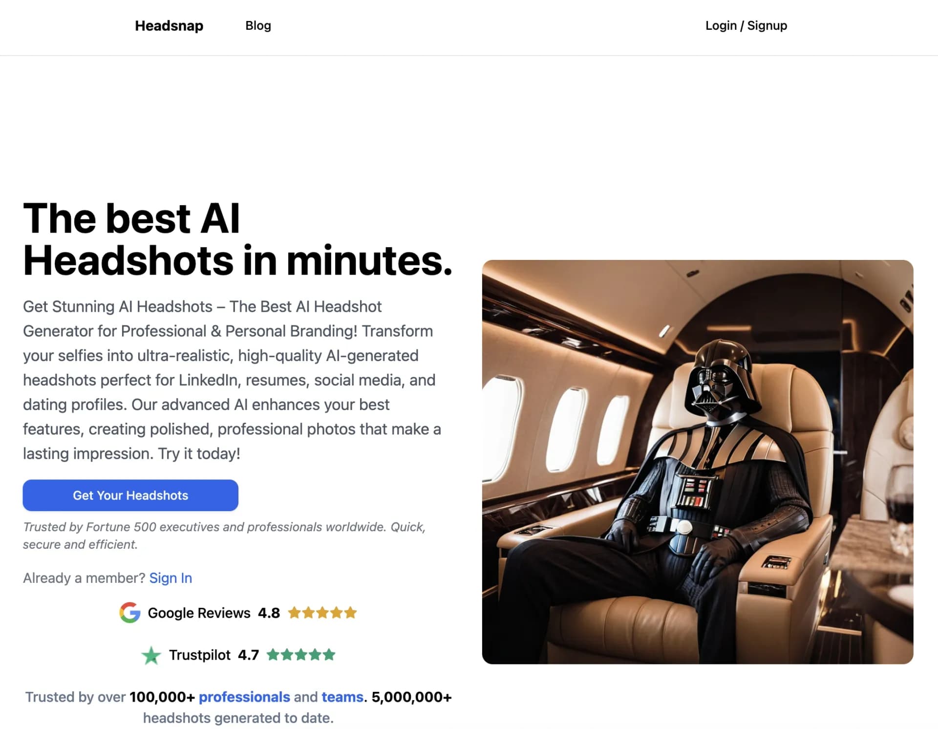 HeadSnapv1.2.3 homepage screenshot — Transform your photos into AI-generated avatars.