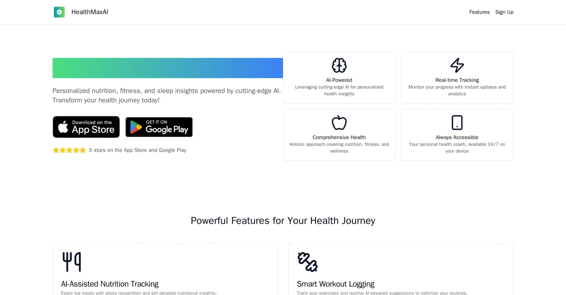 Healthmax AI homepage screenshot — AI-powered health coach for personalized wellness