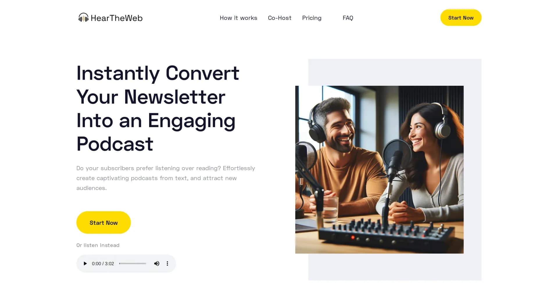 HearTheWeb homepage screenshot — Turn your newsletter into a podcast instantly.