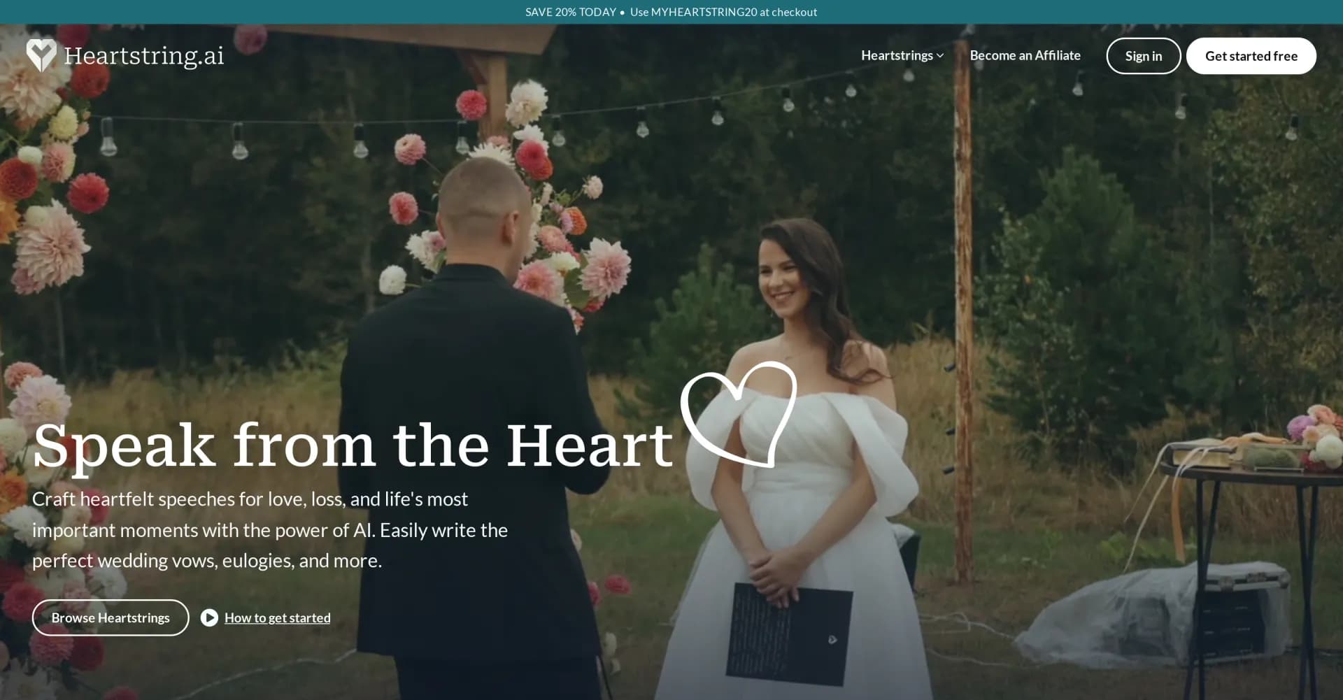 Heartstring AI homepage screenshot — AI-powered speech writing for life's important moments.