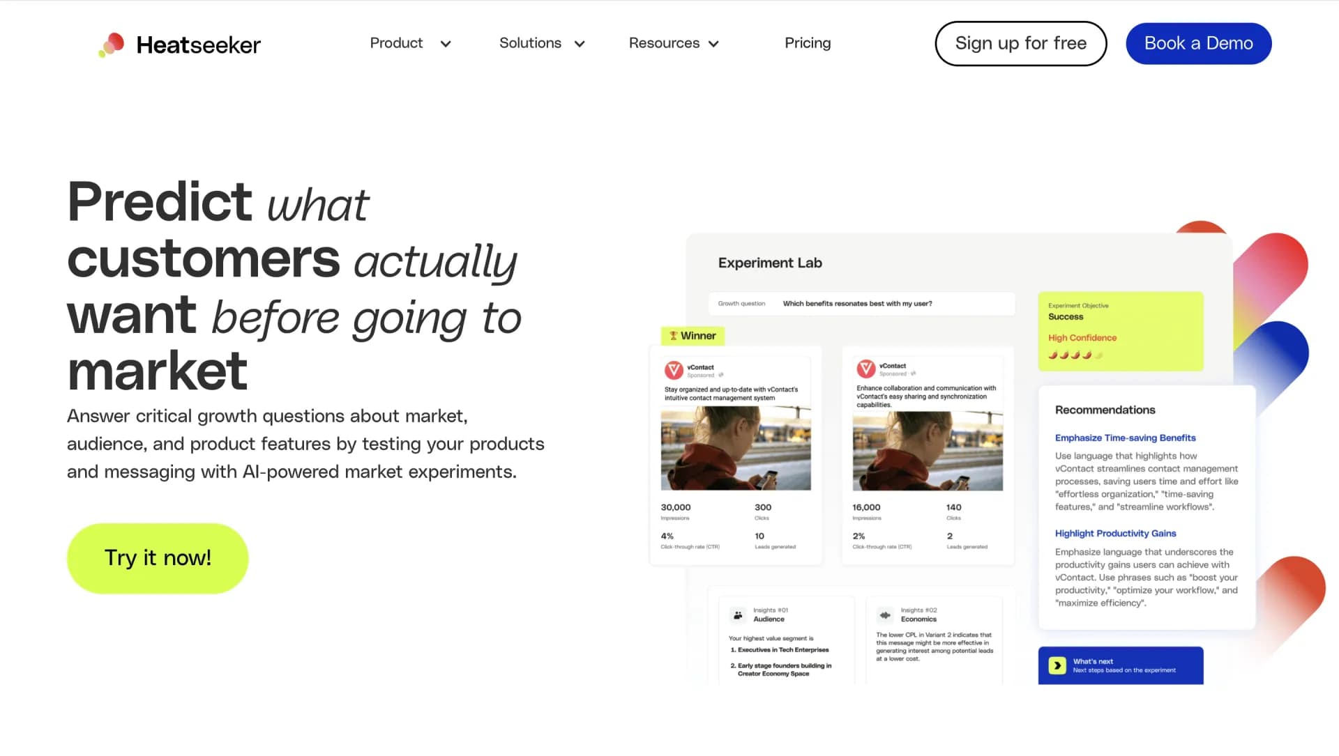 Heatseeker homepage screenshot — Test your products and messaging with AI-powered campaigns b