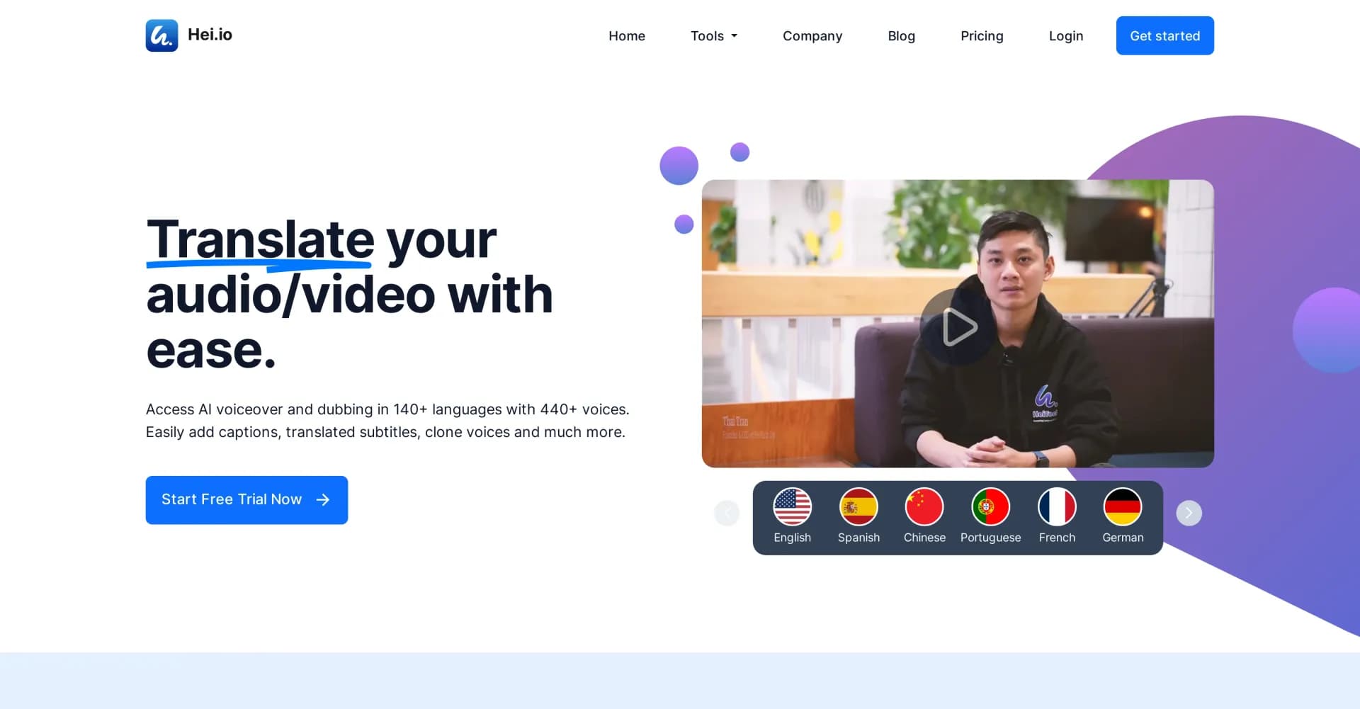 Hei.io homepage screenshot — AI dubbing and captions in 140+ languages.