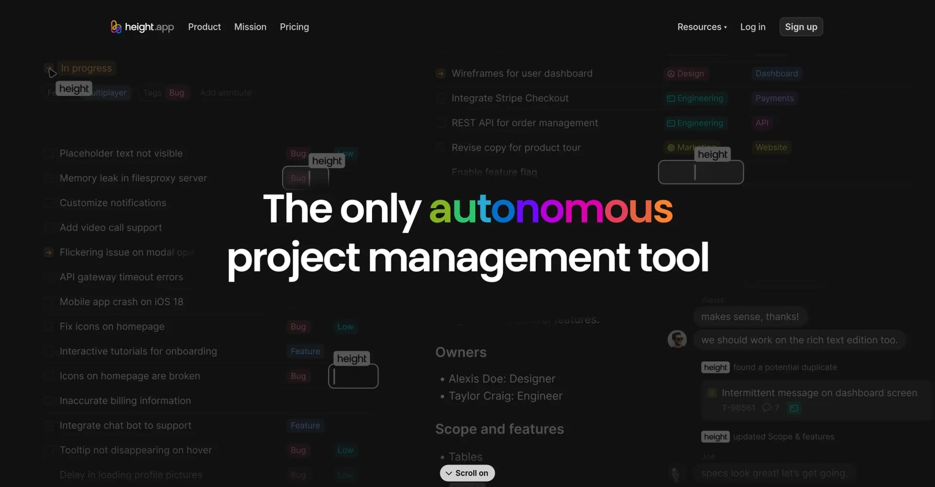 Height.app homepage screenshot — AI-powered autonomous project management for product teams