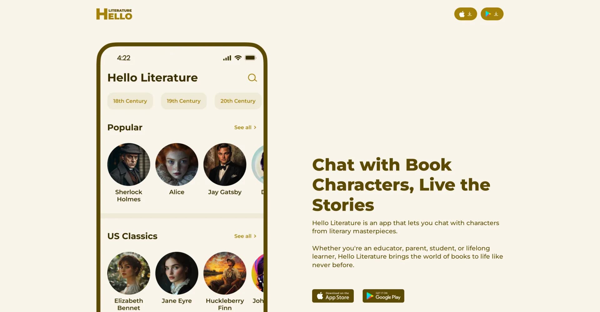 Hello Literature homepage screenshot — Chat with book characters, live the stories