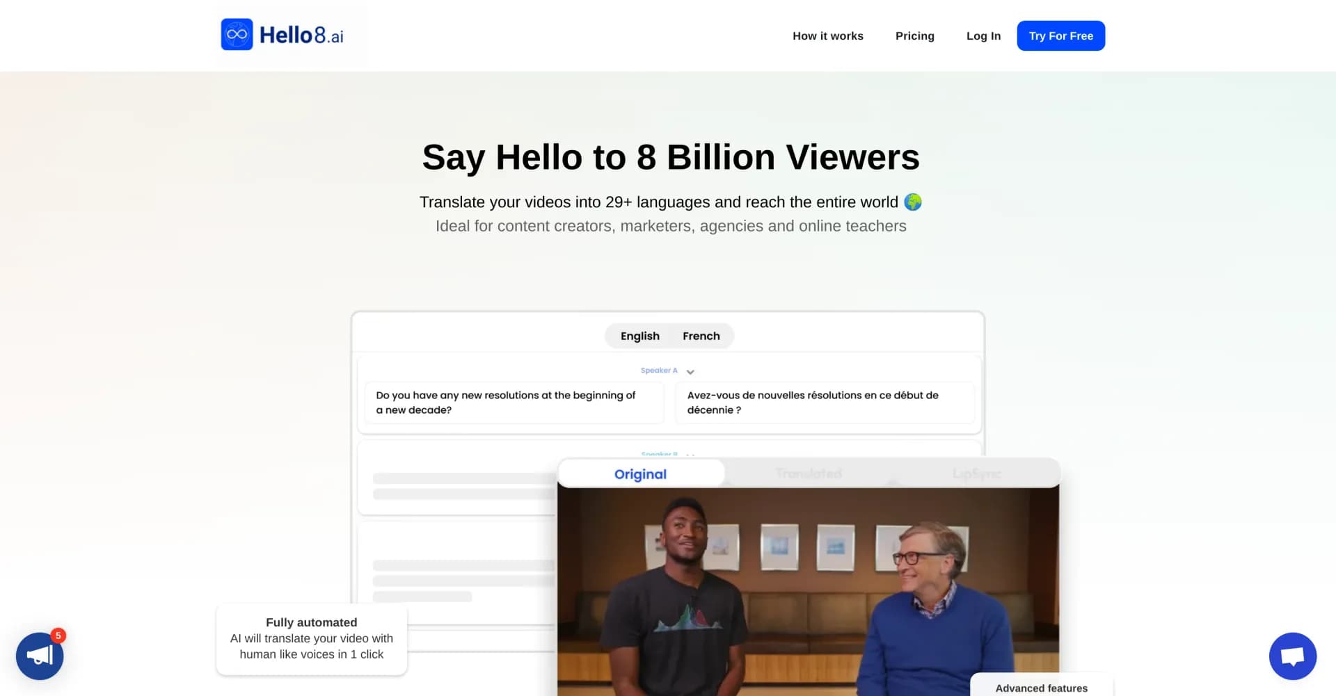 Hello8 homepage screenshot — Translate videos into 29+ languages with AI dubbing
