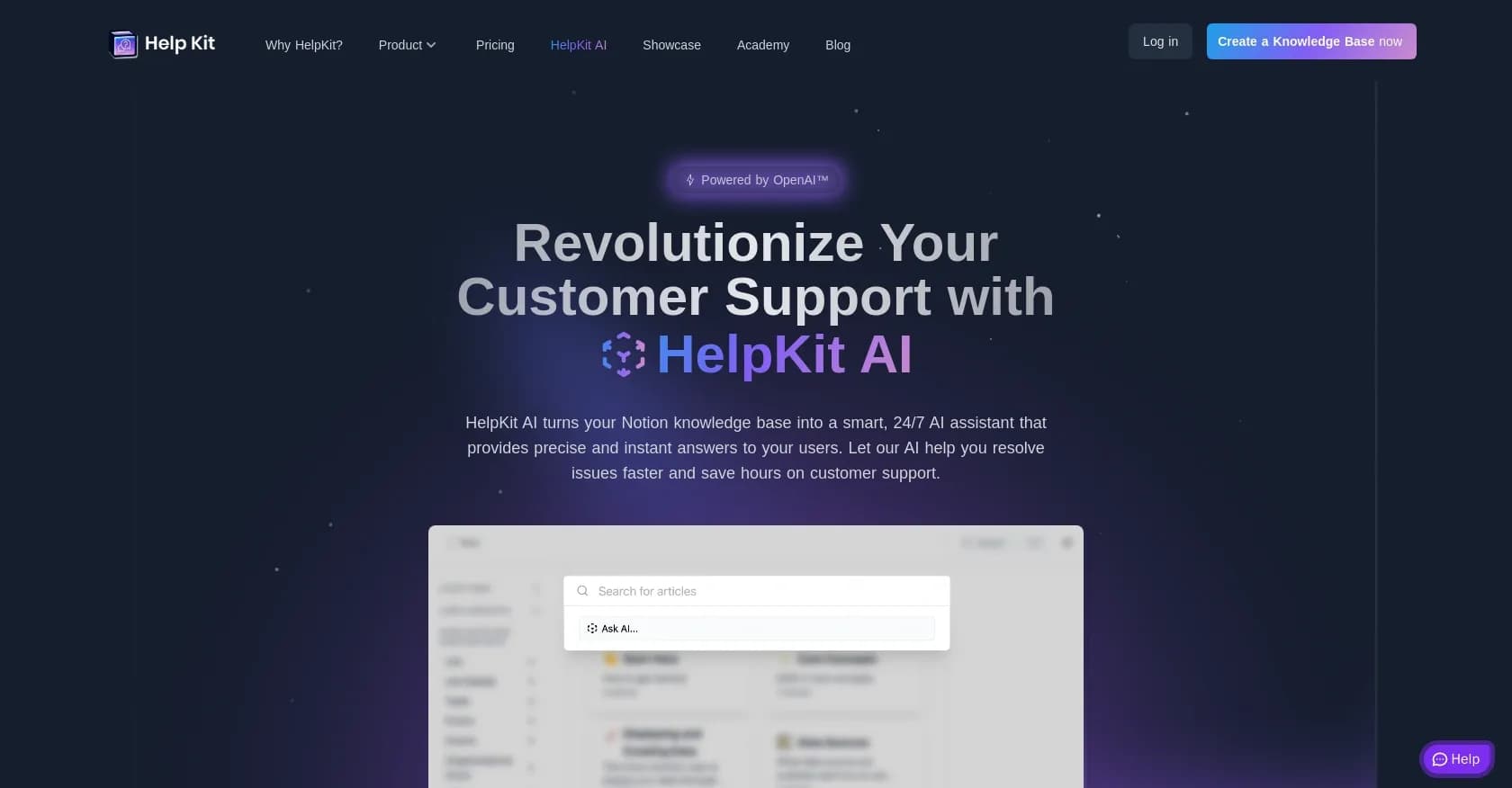 Helpkit homepage screenshot — Turn Notion knowledge base into AI-powered chatbot