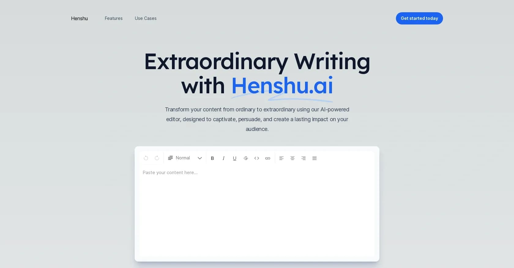 Henshu homepage screenshot — Transform ordinary content into extraordinary writing.