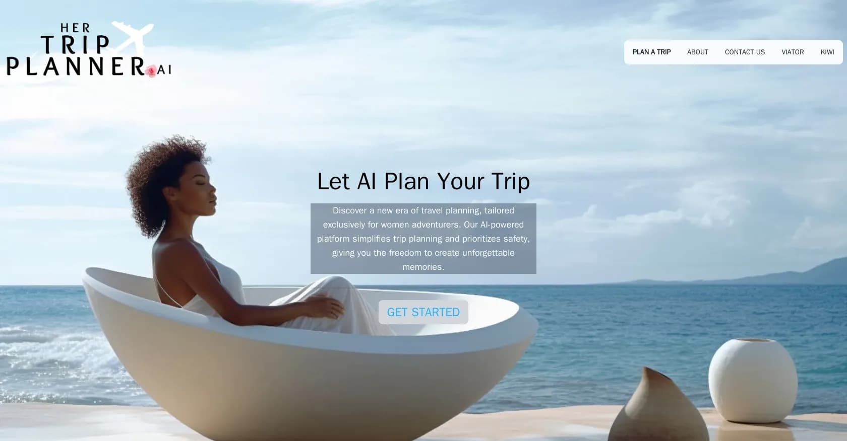 Her Trip Planner homepage screenshot — AI-powered trip planning for women adventurers