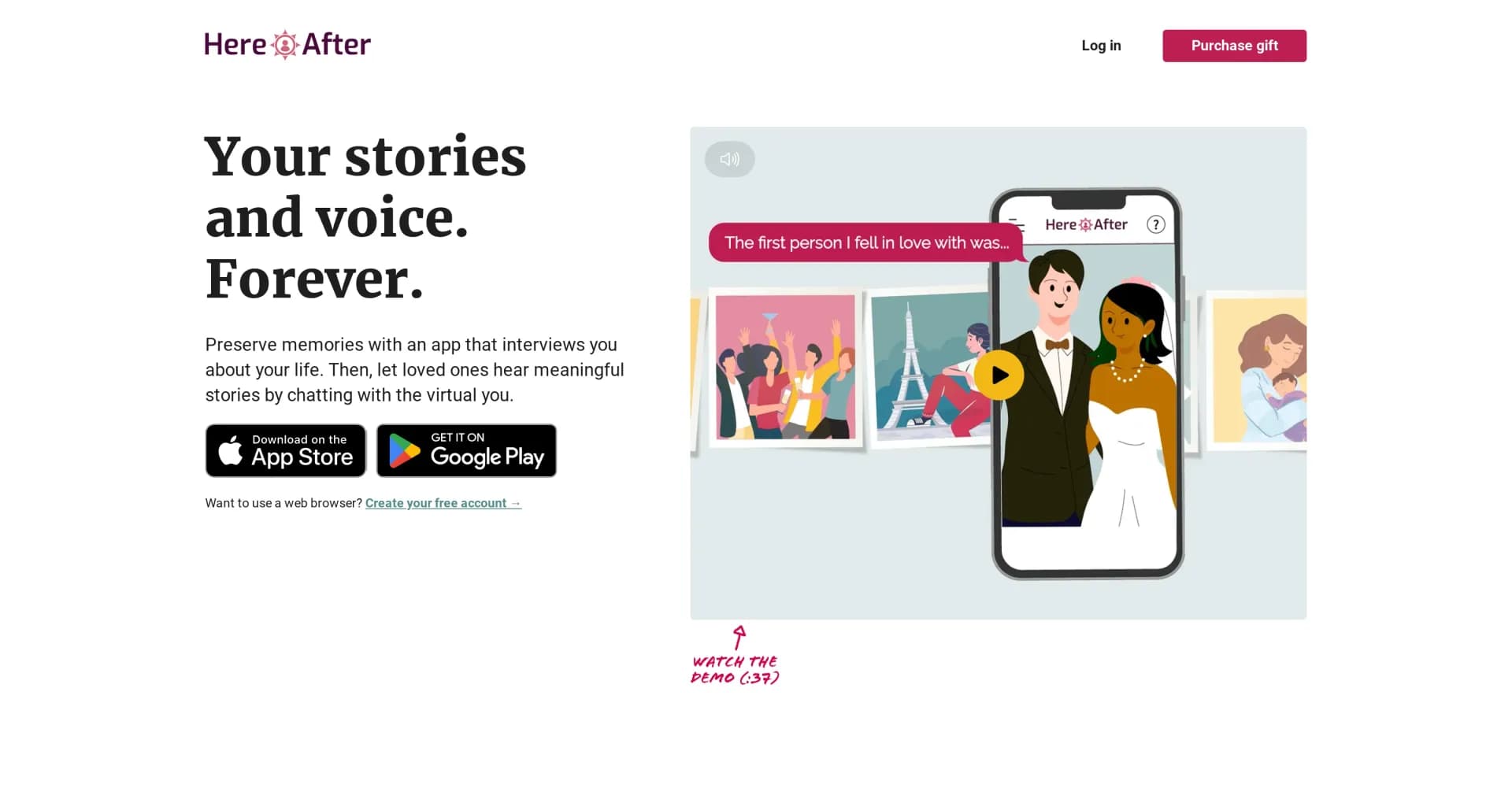 HereAfter AI homepage screenshot — Preserve and share life stories through interactive AI inter
