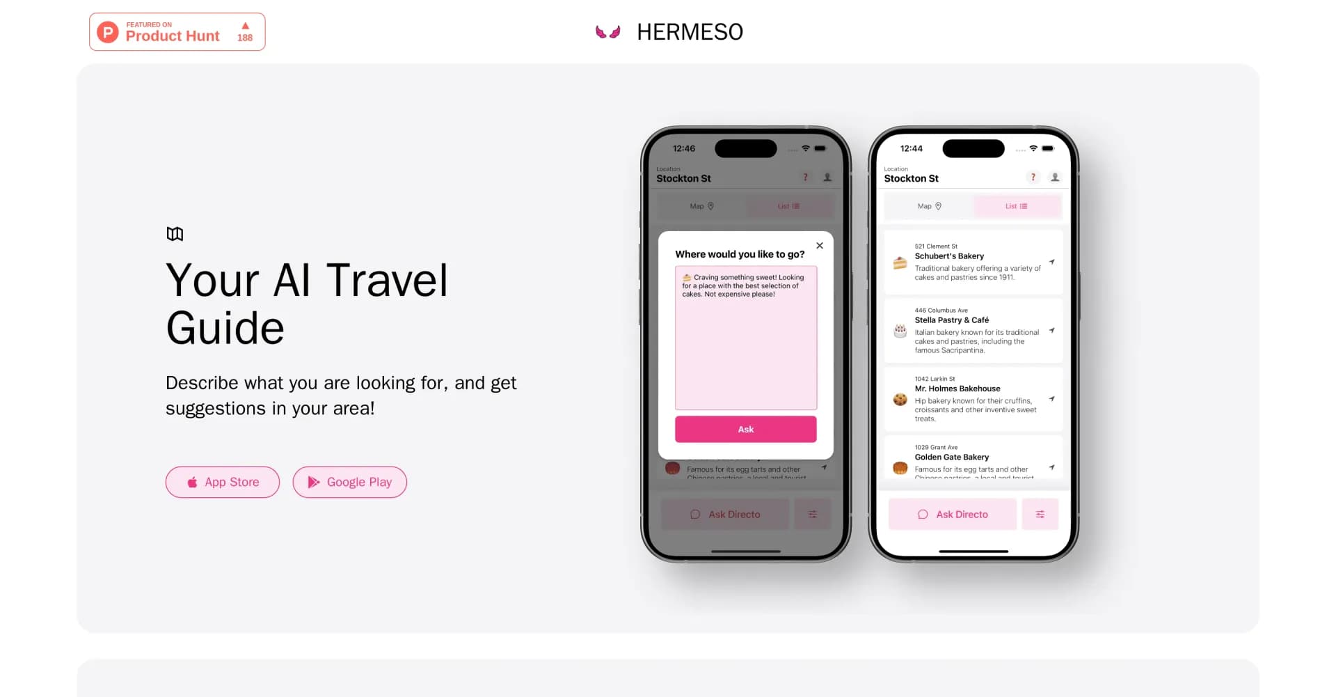 Hermeso homepage screenshot — AI-powered travel guide for personalized local suggestions.