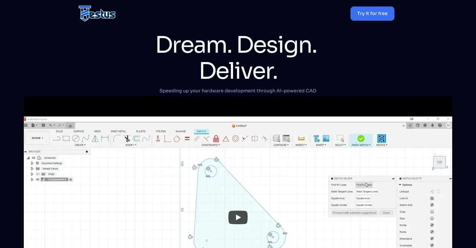 Hestus homepage screenshot — AI-powered CAD to accelerate hardware design.