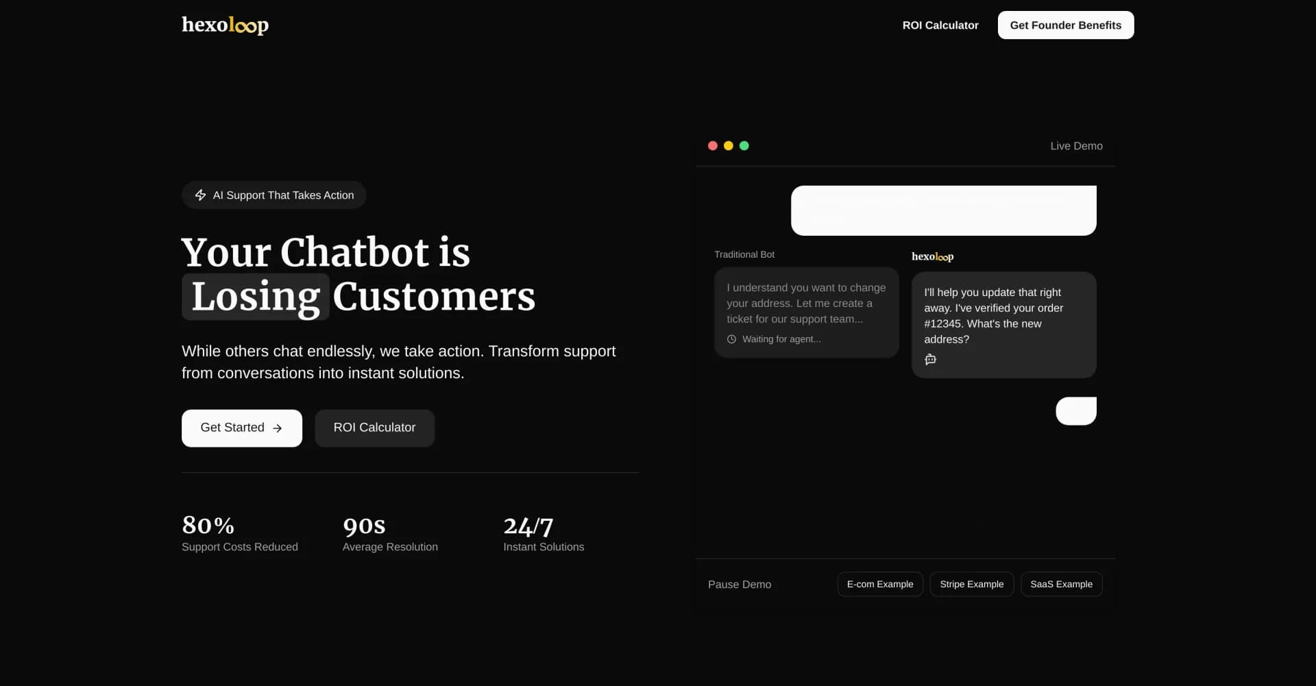 Hexoloop homepage screenshot — AI support that takes action, not just talks.