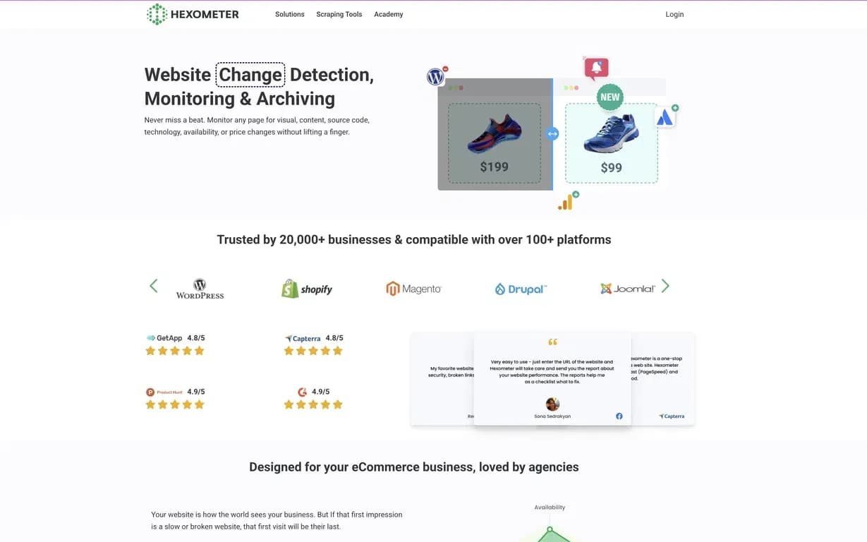 Hexometer homepage screenshot — AI website monitoring to protect and grow your business