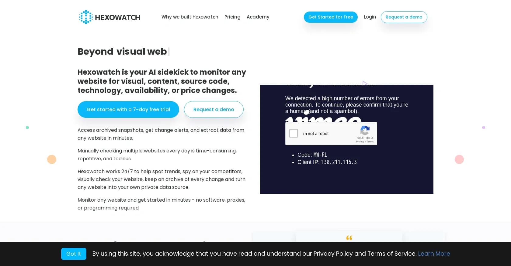 Hexowatch homepage screenshot — AI-powered website monitoring and change detection