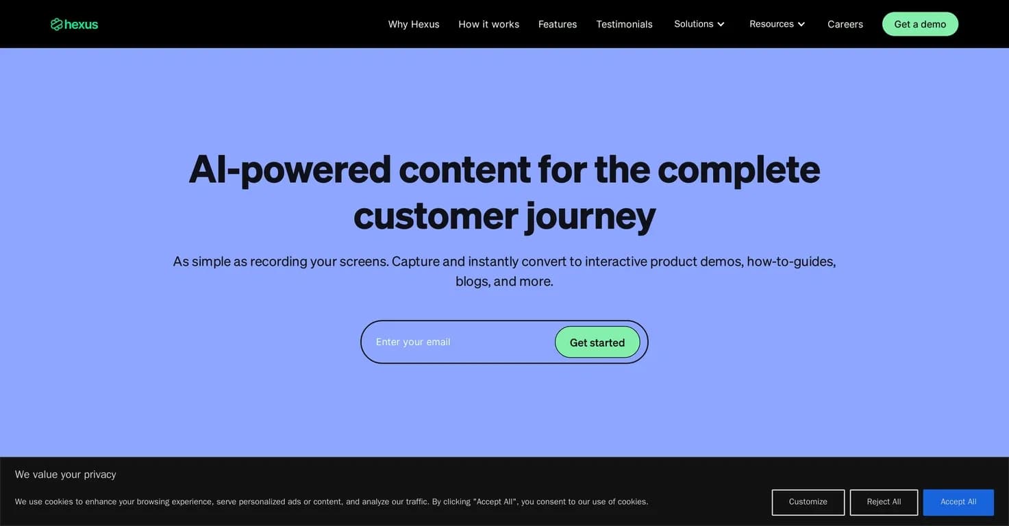 Hexus AI homepage screenshot — Create AI-powered product demos in minutes.