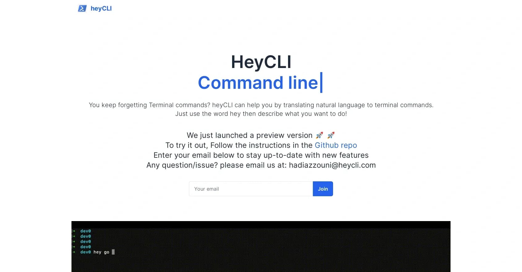 heyCLI homepage screenshot — Command line in plain English