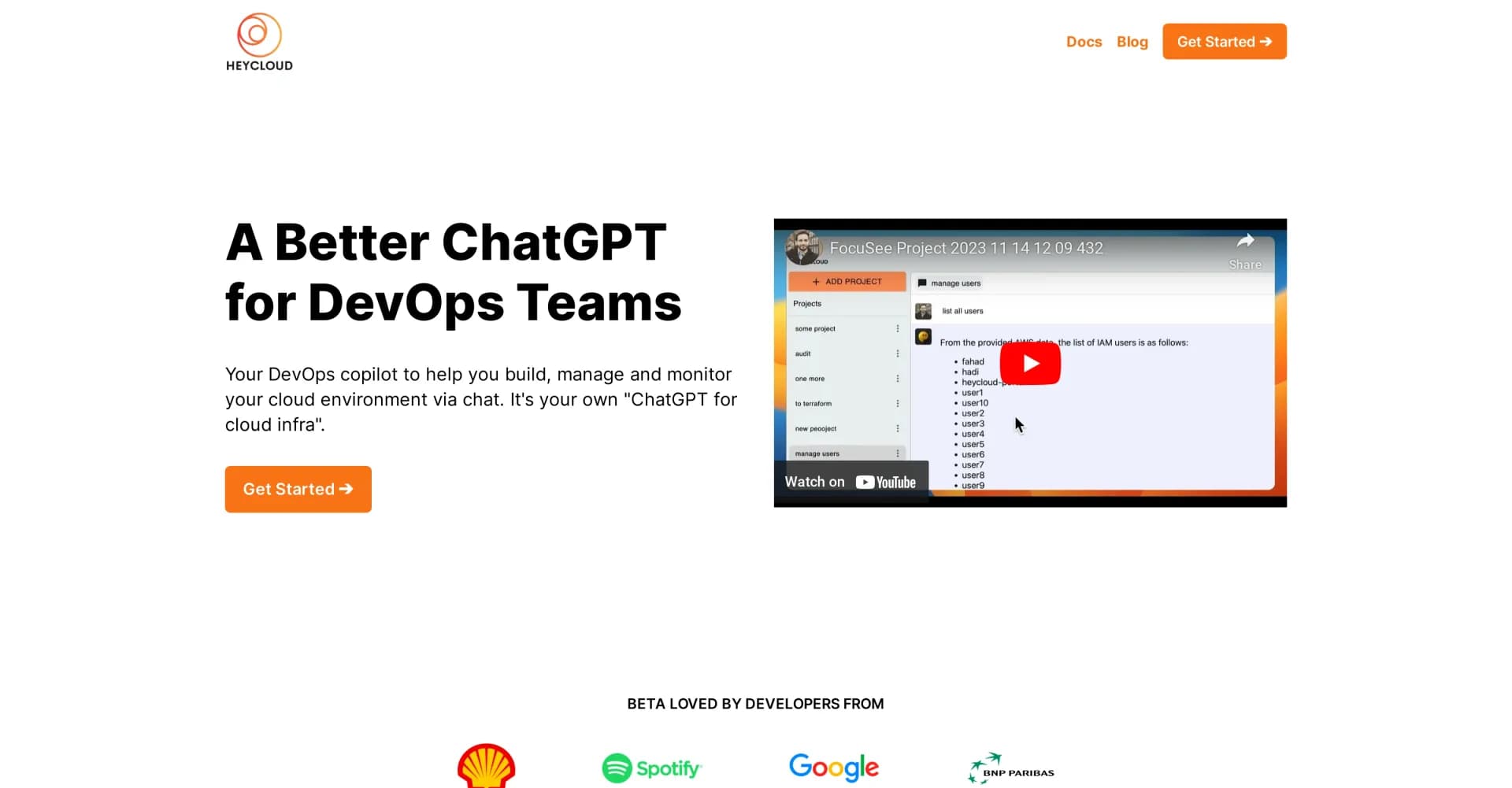 HeyCloud homepage screenshot — Cloud automation using plain English