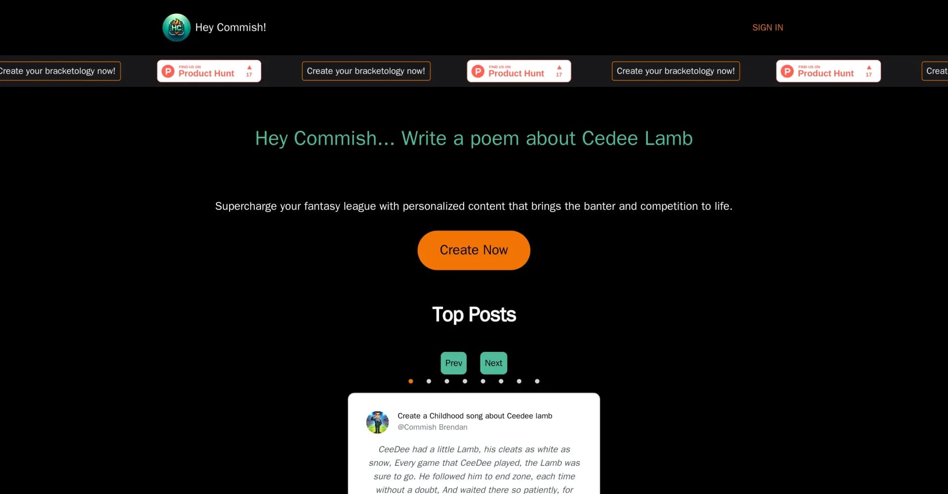 HeyCommish homepage screenshot — Fantasy sports trash talk generator