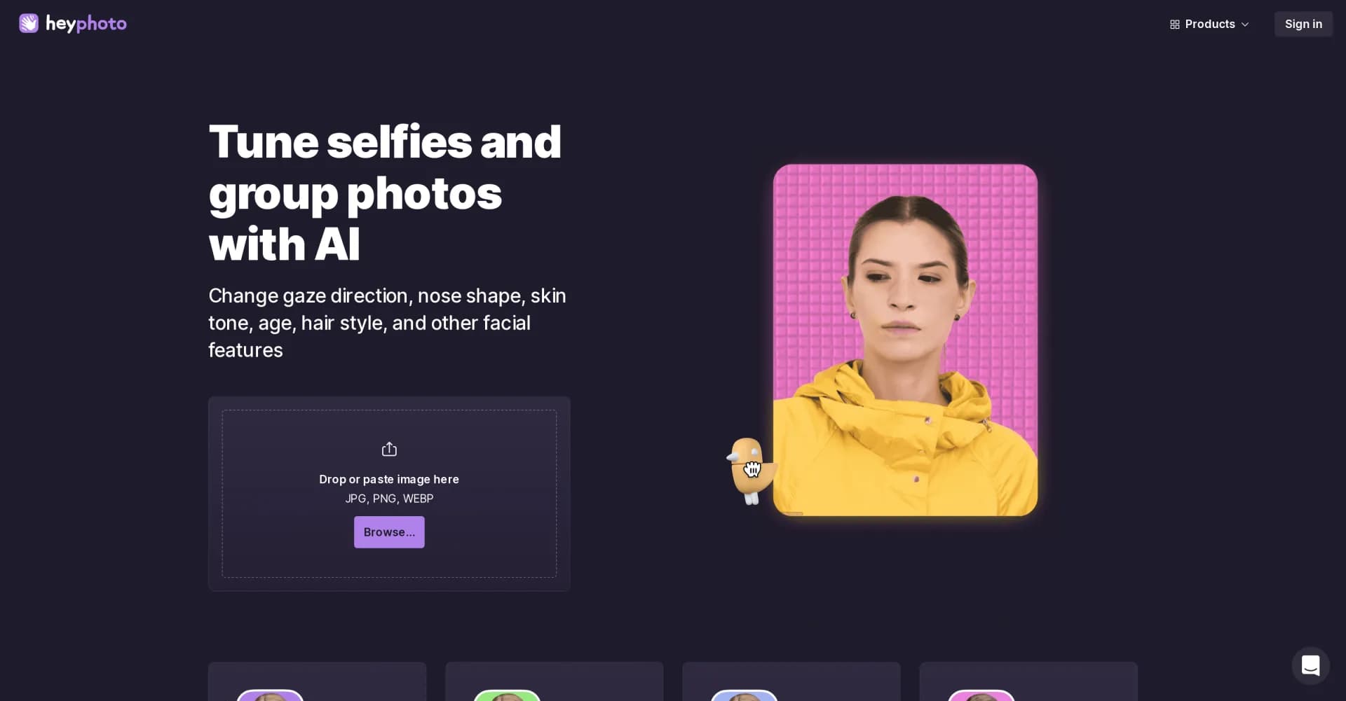 HeyPhoto homepage screenshot — Free AI photo editor to change faces in clicks