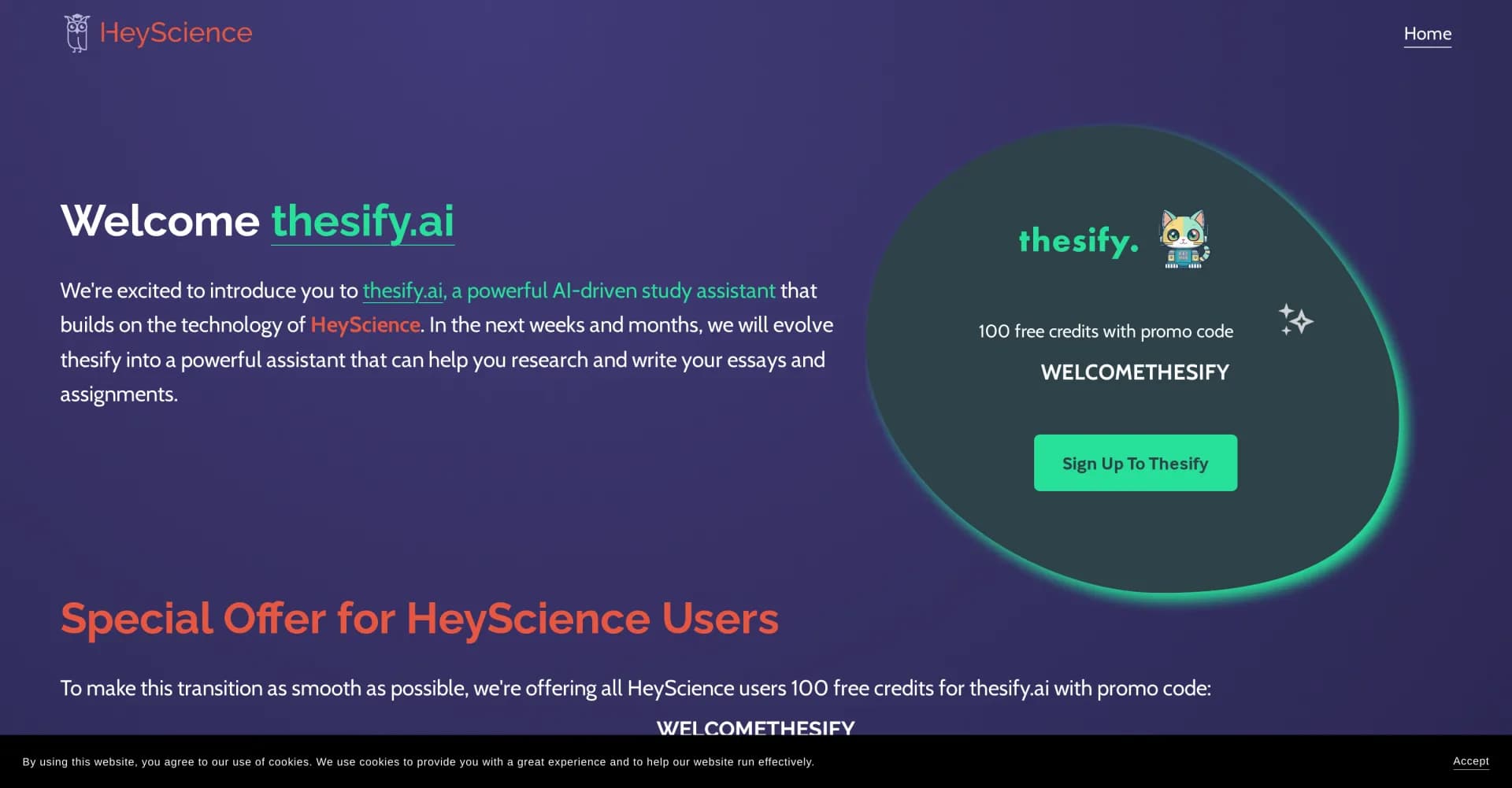 HeyScience homepage screenshot — AI-powered study assistant for research and writing