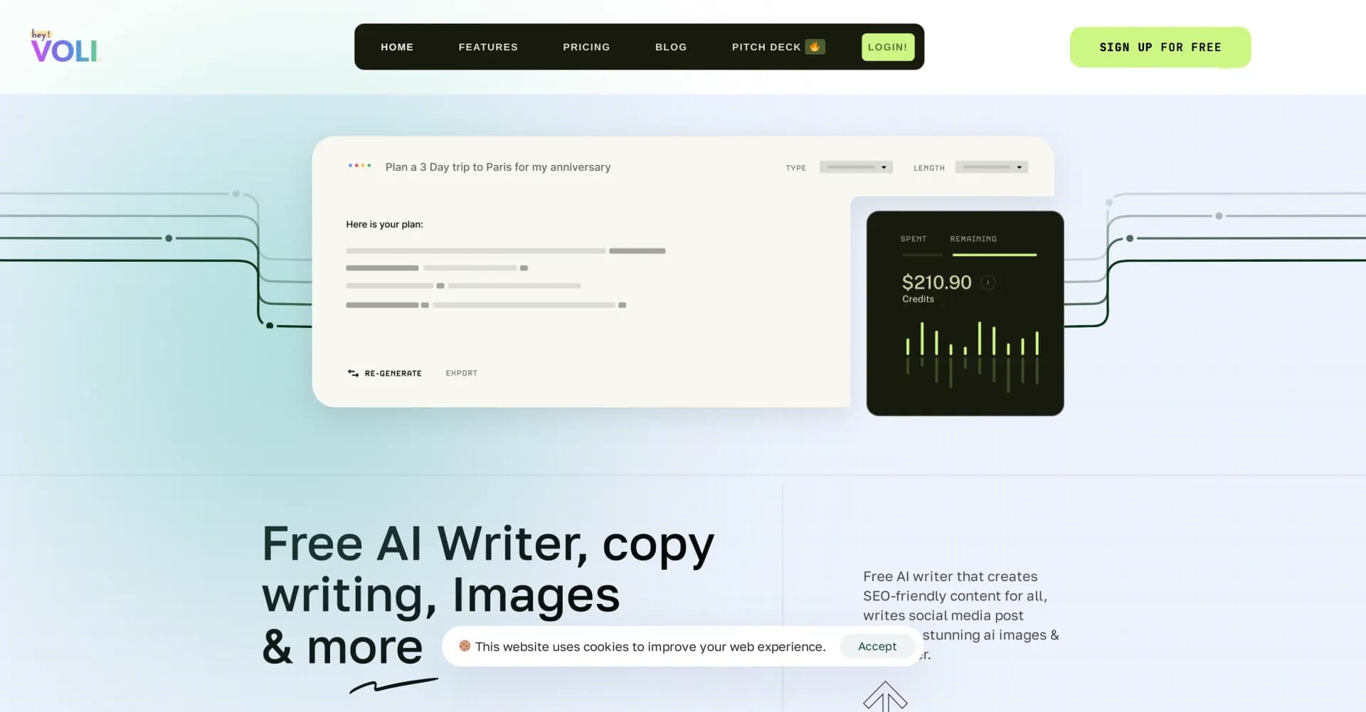 HeyVoli homepage screenshot — Create SEO-friendly content, social posts, images & voiceove